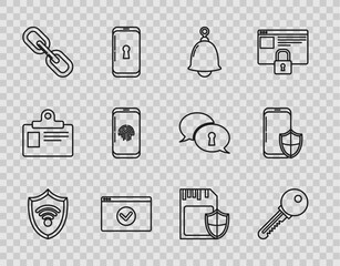 Poster - Set line Shield with WiFi wireless internet network, Key, Ringing bell, Secure your site HTTPS, SSL, Chain link, Smartphone fingerprint scanner, SD card and shield and security icon. Vector