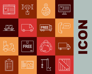 Poster - Set line Wooden box, Delivery cargo truck vehicle, Telephone with speech bubble chat, Railway carriage, Laptop app delivery tracking and Free service icon. Vector