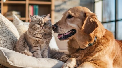 Wall Mural - Purrfect Pals  Cat and Golden Retriever Dog as Inseparable Friends