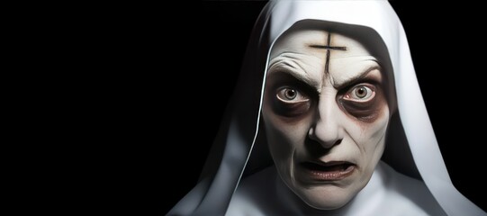 Wall Mural - Possessed Nun on a background with copy space. Nun possessed by the devil. Evil nun. Horror movie concept. Halloween concept with copy space. Portrait of scary devilish nun.