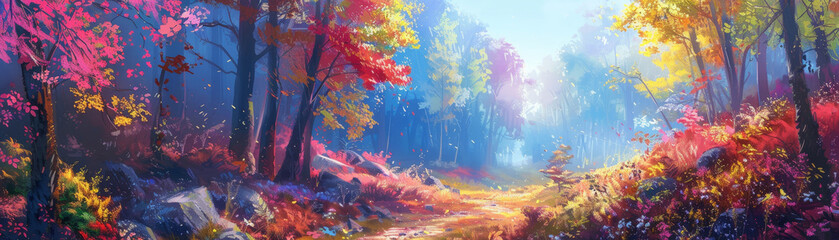 Poster - An illustration painting of a beautiful landscape with colorful forests