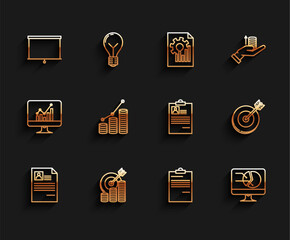 Poster - Set line Resume, Target with coin symbol, Chalkboard, Document, Computer monitor graph chart, Pie infographic and, and Clipboard resume icon. Vector