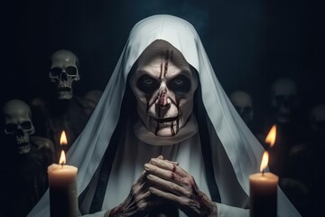 Possessed Nun on a background with copy space. Nun possessed by the devil. Evil nun. Horror movie concept. Halloween concept with copy space. Portrait of scary devilish nun.