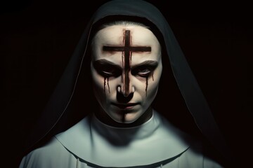 Wall Mural - Possessed Nun on a background with copy space. Nun possessed by the devil. Evil nun. Horror movie concept. Halloween concept with copy space. Portrait of scary devilish nun.