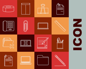 Poster - Set line Pencil with eraser and line, case stationery, Ruler, Binder clip, Paper, Telephone, Scotch and Laptop icon. Vector