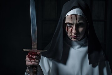 Wall Mural - Possessed Nun on a background with copy space. Nun possessed by the devil. Evil nun. Horror movie concept. Halloween concept with copy space. Portrait of scary devilish nun.