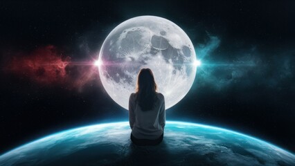 Starry Night Vision Young Woman Watching the Moon, Esoteric Concept
