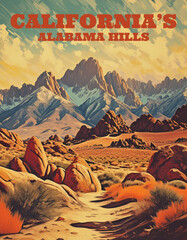 Generated image of a vintage wild west poster depicting Alabama hills in California. 