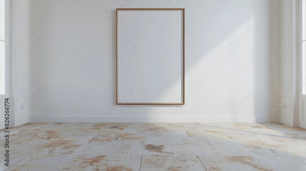 Blank frame in an empty room with a white wall and a travertine floor ...
