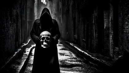 A black and white image of a hooded figure holding a skull in a dark, wet alley, creating a sinister atmosphere.. AI Generation