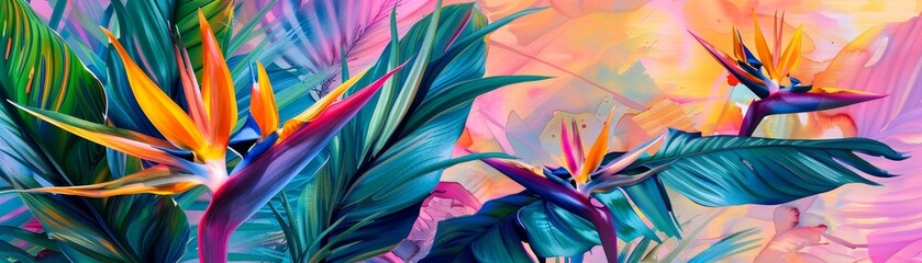 Poster - The watercolor of a bird of paradise flower on a background of rough brush strokes depicts tropical leaves and tropical flowers