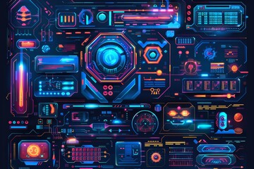 Aufkleber - A set of futuristic user elements including arrows, callouts, frame, holograms, board UI, circle FUI, audio, keyboard in cyberpunk style. Modern set.