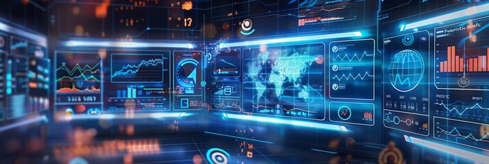 Poster - Professional trade screens with financial data at a trading office in futuristic style computer or PC monitor for forex and stock market exchange investment services brokers