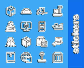 Poster - Set line Carton cardboard box, Delivery hand with, Cargo ship boxes delivery, Forklift truck, Location, Weight, and Mobile app tracking icon. Vector