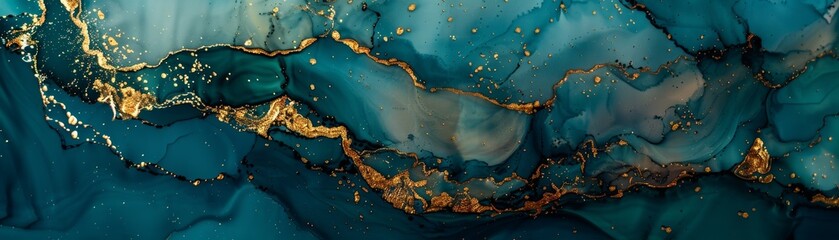 Aufkleber - With gold glitter design, kintsugi design, luxury liquid marble design, and hand painted art on dark turquoise ink background