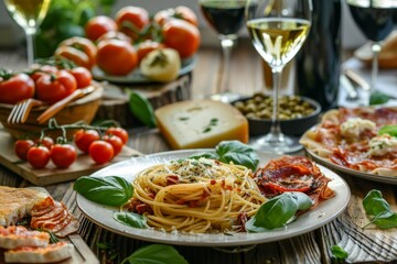 Wall Mural - A table full of Asian food, including dumplings, stir fry, and other dishes generated by AI