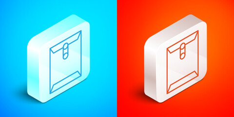 Wall Mural - Isometric line Envelope icon isolated on blue and red background. Received message concept. New, email incoming message, sms. Mail delivery service. Silver square button. Vector