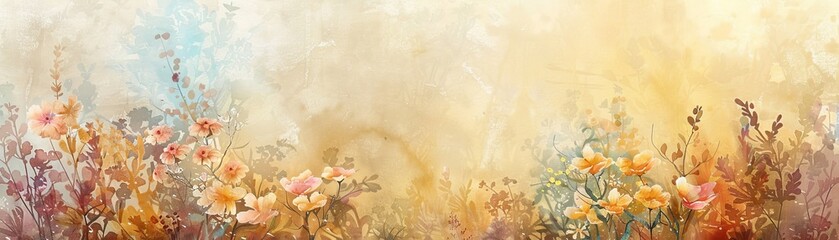 Wall Mural - Flowers in soft color with a blurred background in watercolor. Yellow-brown color texture on grunge paper with abstract wildflowers and soft leaves.