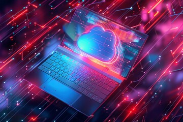 Canvas Print - Shield Laptop, Cyber Security Concept. 3D laptop and cloud data under protection. Data protection and cybersecurity. Software development. Safety internet technology.