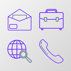 Poster - Set line Telephone handset, Magnifying glass with globe, Briefcase and Envelope icon. Vector