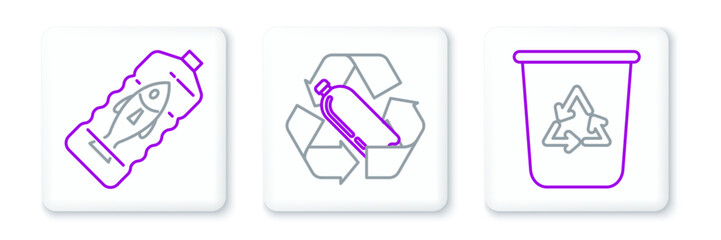 Wall Mural - Set line Recycle bin with recycle symbol, Stop ocean plastic pollution and Recycling bottle icon. Vector