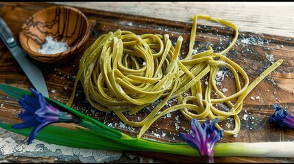 Sticker -  A wooden cutting board with pasta on top, next to a bowl of salt and a pair of scissors