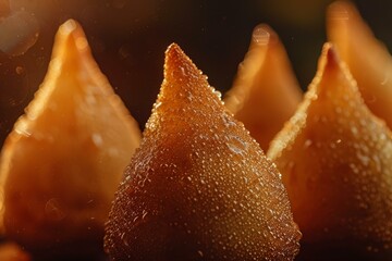 Wall Mural - Closeup of dewkissed pears against a warm, glowing bokeh backdrop