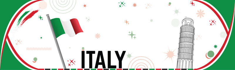 Italy national day banner with Italia, italy flag colors pisa tower in background, independence day theme template, vector illustration. full editable