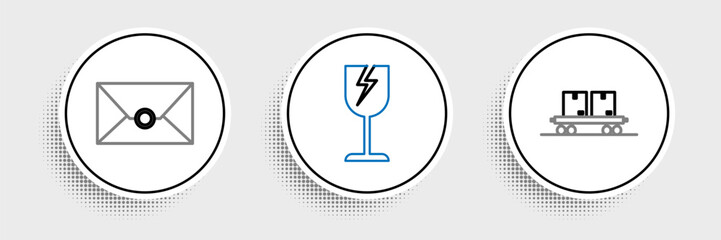 Poster - Set line Railway carriage, Envelope and Fragile broken glass symbol icon. Vector