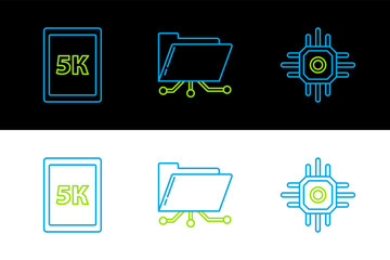 Poster - set line processor, tablet with text 5k and folder and lock icon. vector