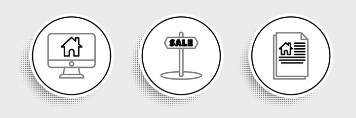 Poster - Set line House contract, Computer monitor with smart home and Hanging sign text Sale icon. Vector