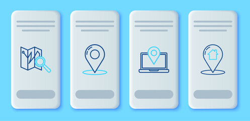 Poster - set line map pin, laptop with location marker, folded map and pointer house icon. vector