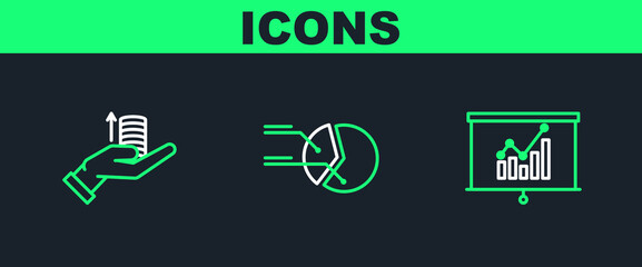 Poster - set line board with graph chart, money on hand and pie infographic icon. vector
