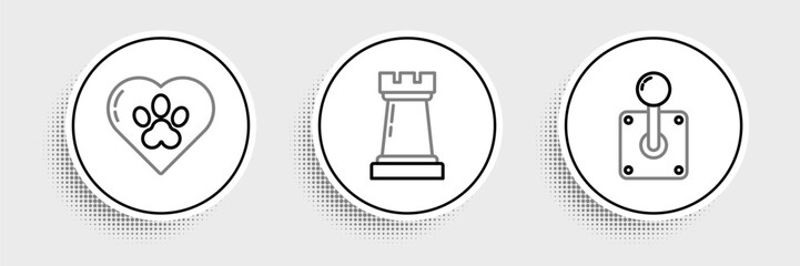 Poster - Set line Joystick for arcade machine, Heart with animals footprint and Chess symbol icon. Vector