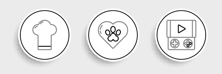 Poster - Set line Portable video game console, Chef hat and Heart with animals footprint icon. Vector