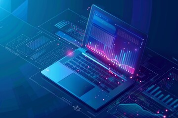 Aufkleber - The concept of business development and digital marketing with a blue banner, 3D laptop, graphic and charts, and an audit plan. Business data, financial management, and audit.