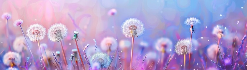 Leinwandbilder - Painting of purple onion and white dandelion flowers in a meadow. Abstract painting of flower field and soft purple sky color background. Spring flowers and seasonal nature background.