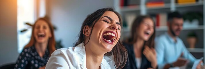 Poster - Office table filled with businesspeople laughing