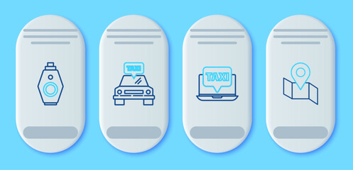 Poster - Set line Taxi car, Laptop call taxi service, Car key with remote and Folded map location marker icon. Vector