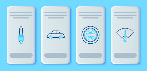 Sticker - Set line Car, wheel, spark plug and Speedometer icon. Vector