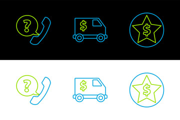 Poster - Set line Star and dollar, Telephone handset speech bubble chat and Armored truck icon. Vector
