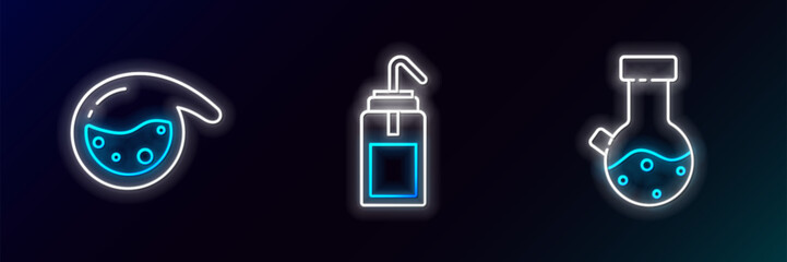 Poster - set line test tube and flask chemical, and laboratory wash bottle icon. glowing neon. vector