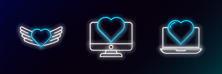 Poster - set line laptop with heart, heart wings and computer monitor icon. glowing neon. vector
