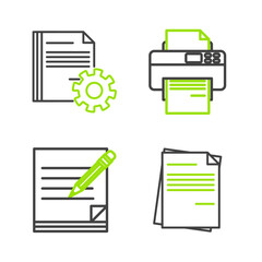 Poster - Set line File document, Blank notebook and pencil with eraser, Printer and Document settings gears icon. Vector