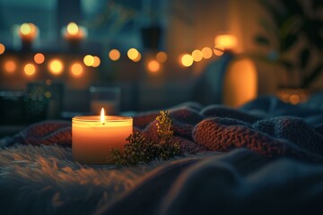 Sticker - Warm candlelight sets a serene mood on a soft blanket, evoking a tranquil evening atmosphere