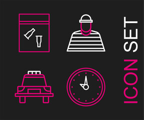 Sticker - Set line Clock, Police car and flasher, Prisoner and Evidence bag bullet icon. Vector