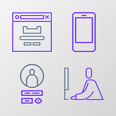 Poster - Set line Student working at laptop, Create account screen, Mobile phone and Browser window icon. Vector