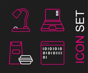 Poster - set line binary code, burger, laptop and table lamp icon. vector
