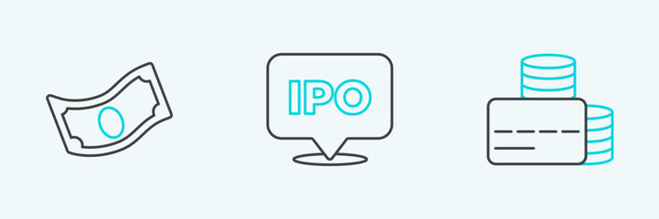 Poster - Set line Credit card, Stacks paper money cash and IPO icon. Vector