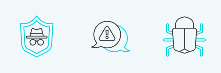 Poster - Set line System bug, Incognito mode and Exclamation mark in triangle icon. Vector